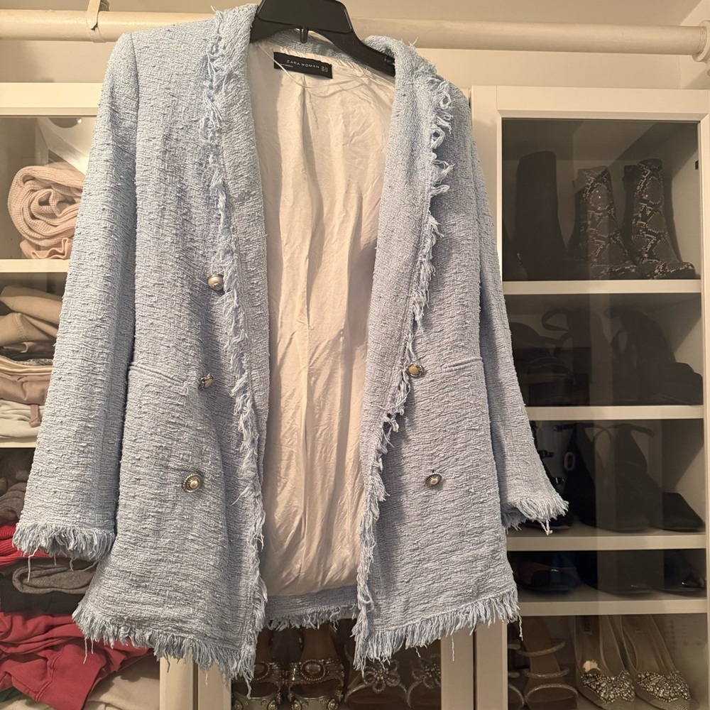 zara light blue tweed  blazer